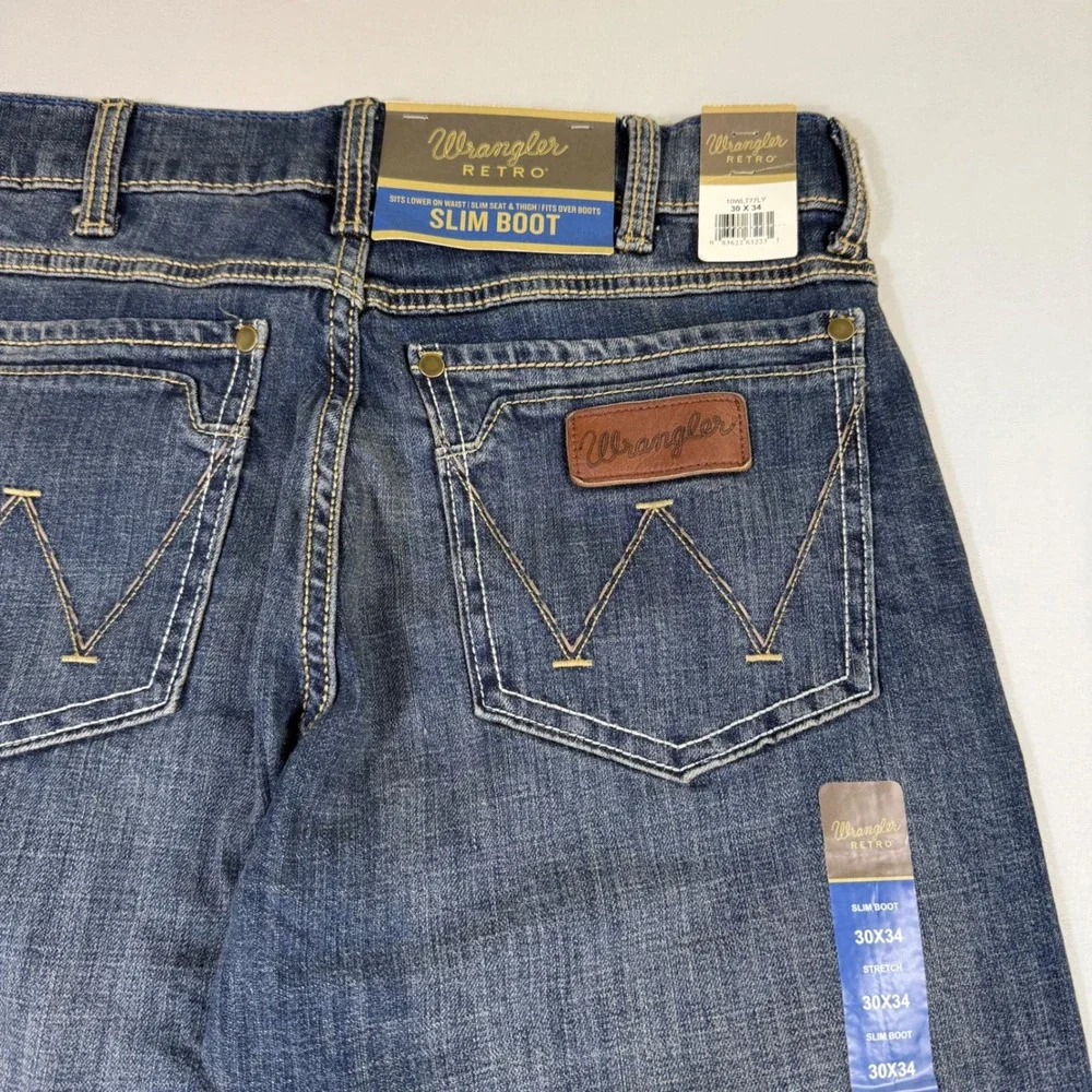 Wrangler Retro Slim Boot Jeans Mens 30x34 Blue Western Cowboy Stretch Denim NEW